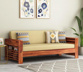 ONIJA Solid Sheesham Wood Wooden 3 Seater Sofa for Living Room - Sofa with Cream Cushions Seat - Elegance and Comfort Combined Sofa for Home (Honey Finish)